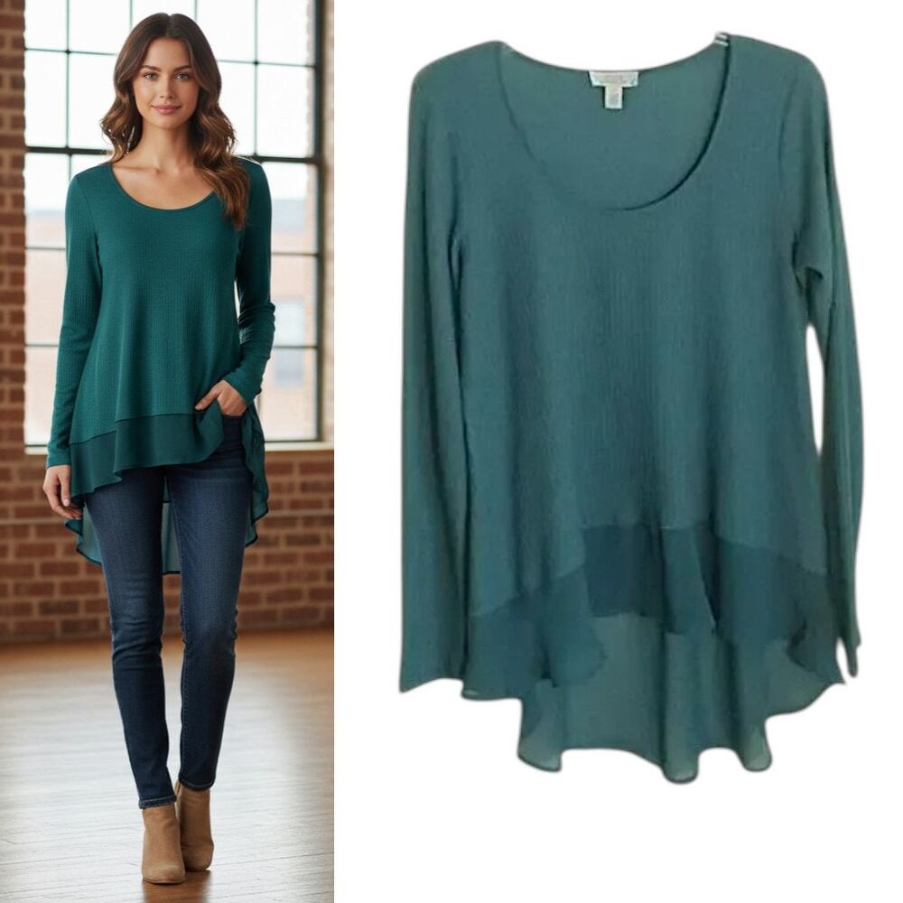 Sun & Shadow Top Women's Sz M Blue Long sleeve Hi Low Knit Chiffon Popover